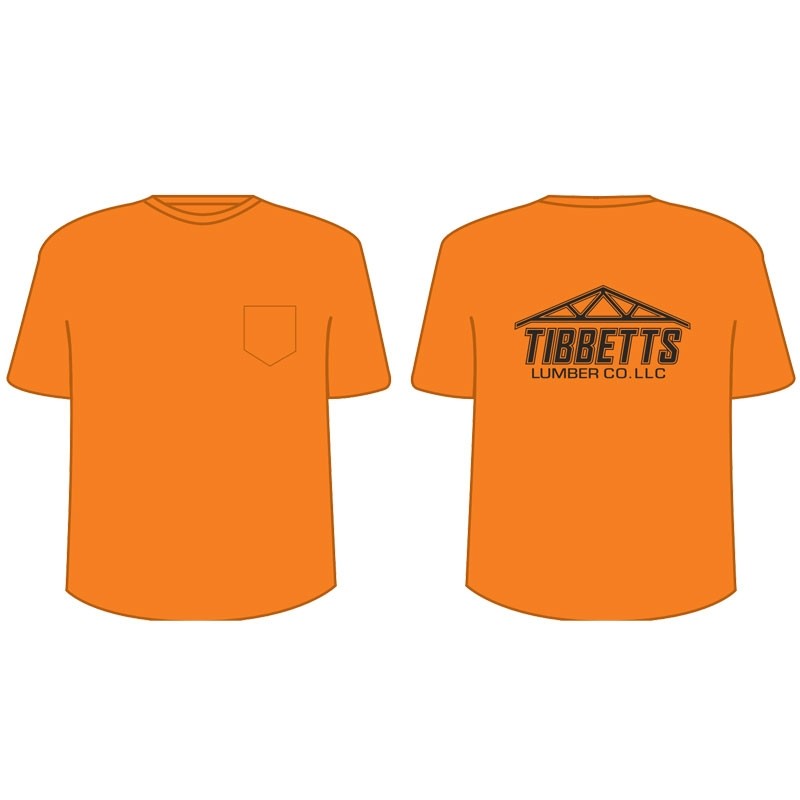 2XL NON ANSI CREW NECK T-SHIRT 1 POCKET - ORANGE W/ TIBBETTS LUMBER COMPANY LOGO 1C 1L