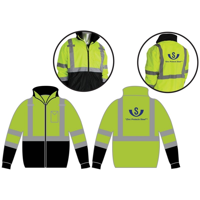 Class 3 Black Bottom Bomber Jacket w/ Removable Liner & V & S Galvanizing Logo Back Center, Hi-Vis Yellow, 5-XL