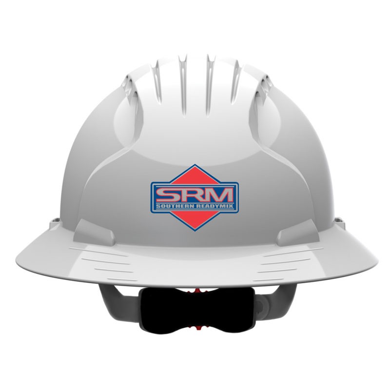 WHITE WHEEL RATCHET FULL BRIM VENTED  HARD HAT - 6PT SUSPENSION   W/ SOUTHERN READYMIX LOGO (2C - 1L)