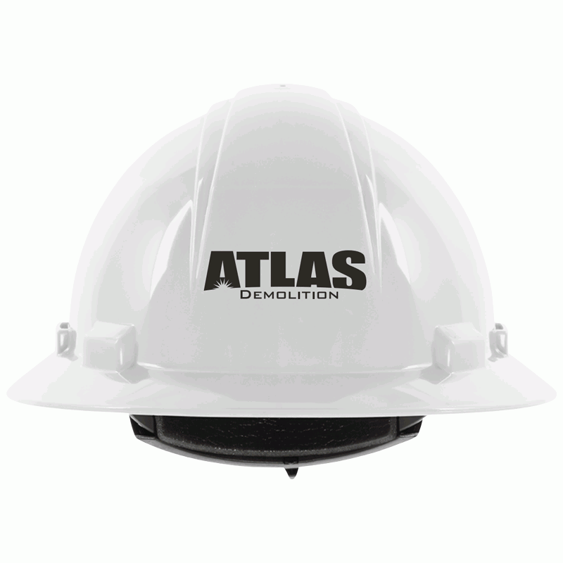 641RV WHITE VENTED FULL BRIM HARD HAT W/4-PT WHEEL RATCHET TEXTILE SUSPENSION W/ ATLAS DEMOLITION LOGO 1C 1L