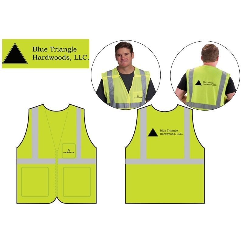 4XL CLS-2 HI-VIS YELLOW MESH BKWY VEST  5 POINT BREAKAWAY W/ BAILLIE GROUP - BLUE TRIANGLE HARDWOODS LOGO 1C 1C 2L