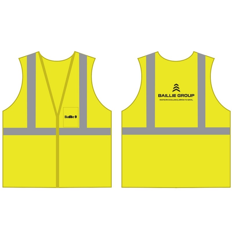 4XL CLS-2 HI-VIS YELLOW MESH BKWY VEST5 POINT BREAKAWAY W/ BAILLIE LUMBER - ACORN LOGO 1C 1C 2L
