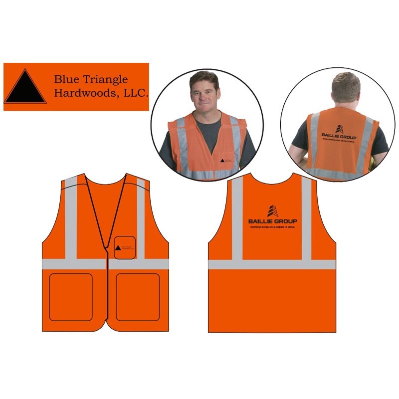 5XL CLS-2 HI-VIS ORANGE MESH BKWY VEST  5 POINT BREAKAWAY W/ BAILLIE GROUP- ROOTED - BLUE TRIANGLE HARDWOODS LOGO 1C 1C 2L