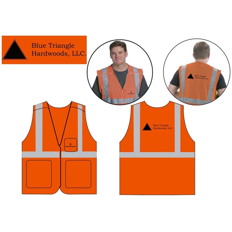 MD CLS-2 HI-VIS ORANGE MESH BKWY VEST  5 POINT BREAKAWAY W/ BAILLIE GROUP - BLUE TRIANGLE HARDWOODS LOGO 1C 1C 2L