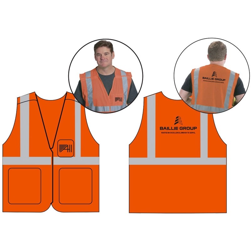 2XL CLS-2 HI-VIS ORANGE MESH BKWY VEST  5 POINT BREAKAWAY W/ BAILLIE GRUP - ROOTED - AHI LOGO 1C 1C 2L