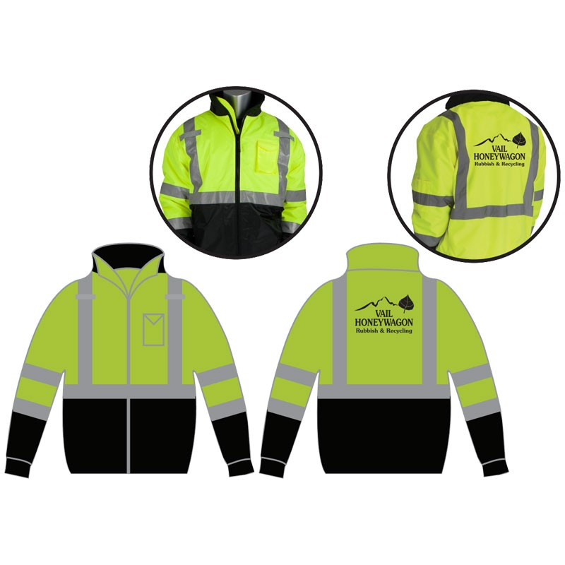 3-XL  CLS-3 HI-VIS YEL BOMBER JACKET W/ BLACK BOTTOM & FIXED LINER  W/ WASTE CONNECTIONS-VAIL HONEYWAGON LOGO (1C - 1L)