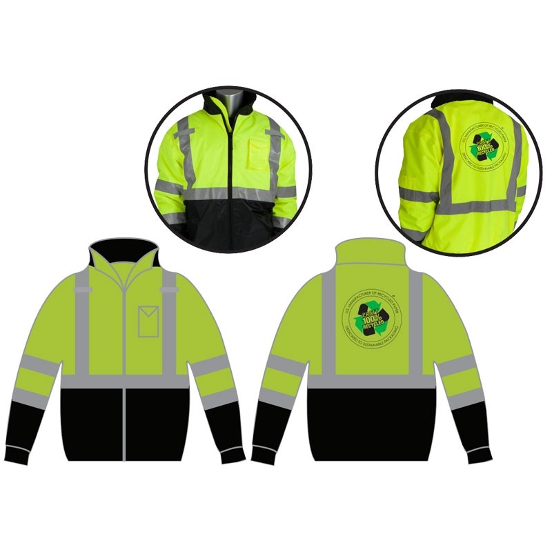 XL CLS-3 HI-VIS YEL BOMBER JACKET W/XBLACK BOTTOM & FIXED LINER W/PRATT INDUSTRIAL RECYCLING LOGO 4C 1L