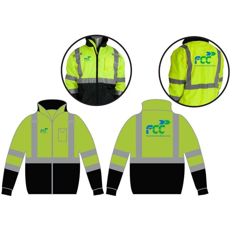 SM CLS-3 HI-VIS YEL BOMBER JACKET W/ BLACK BOTTOM & FIXED LINER W/ FCC ENVIROMENTAL SERVICES LOGO 2C 2C 2L