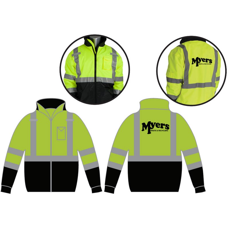 Class 3 Black Bottom Bomber Jacket, Fixed Liner, Hi-Vis Yellow, w/ 1-Color Myers Waste & Recycling Logo, 6-XL