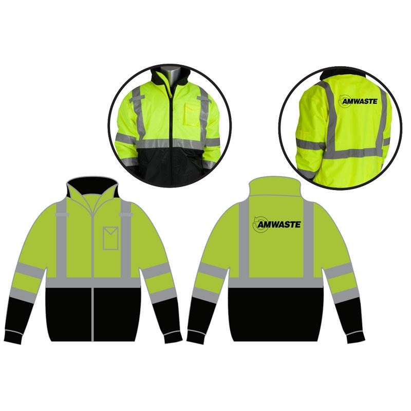 4XL CLS-3 HI-VIS YEL BOMBER JACKET W/BLACK BOTTOM & FIXED LINER W/ AM WASTE LOGO 1C 1L