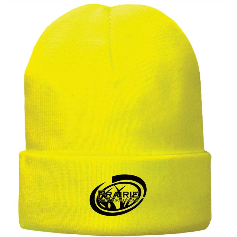 NEON YELLOW FLEECE LINED KNIT CAP  W/ PRAIRIE WASTE SOLUTIONS LOGO 1C 1L