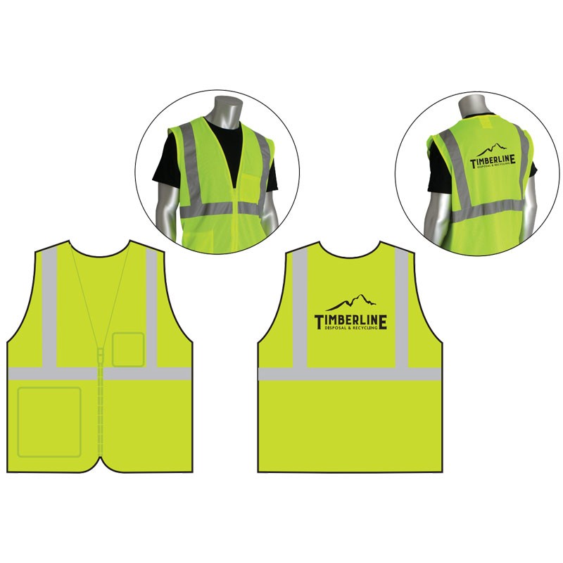 SM CLS 2 SAFETY VEST LY ECONOMY W/ZIPPER  CLS 2 SAFETY VEST LY ECONOMY W/ZIPPER ECONOMY W/ZIPPER CLOSURE W/ TIMBERLINE DISPOSAL LOGO (1C - 1L)