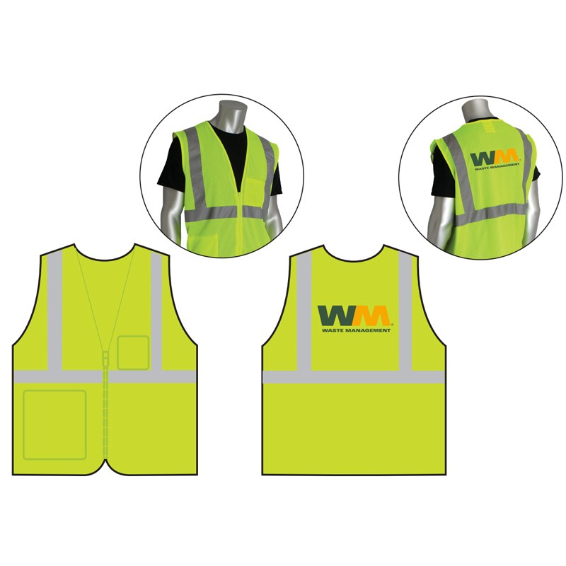 4-XL  CLS 2 SAFETY VEST LY ECON W/ZIPPER ECONOMY W/ZIPPER CLOSURE W/ WASTE MANAGEMENT LOGO (2C - 1L)