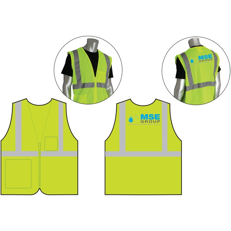 XL  CLS 2 SAFETY VEST LY ECON W/ZIPPER  ECONOMY W/ZIPPER CLOSURE  W/ MSE GROUP LOGO (4C - 1L)