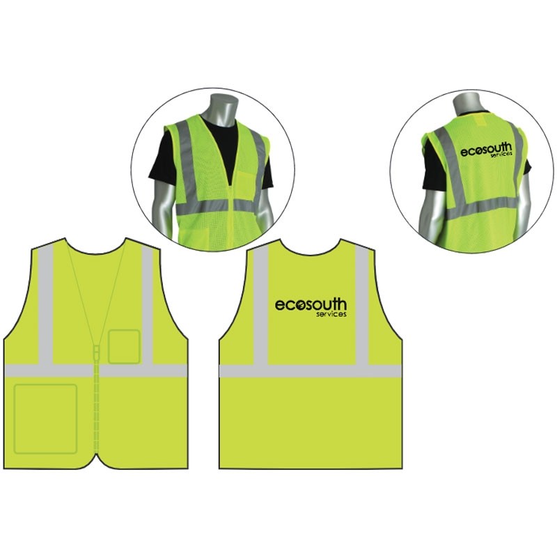 4XL CLS 2 ECON SAFETY VEST LY ECONOMY  W/ZIPPER CLOSURE W/ ECOSOUTH SERVICES LOGO 1C 1L