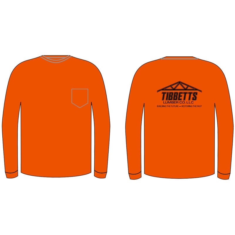 4XL NON-ANSI CREW NECK L/S T-SHIRT 1 POCKET, HI-VIS ORANGE W/ TIBBETTS LUMBER  LOGO 1C 1L
