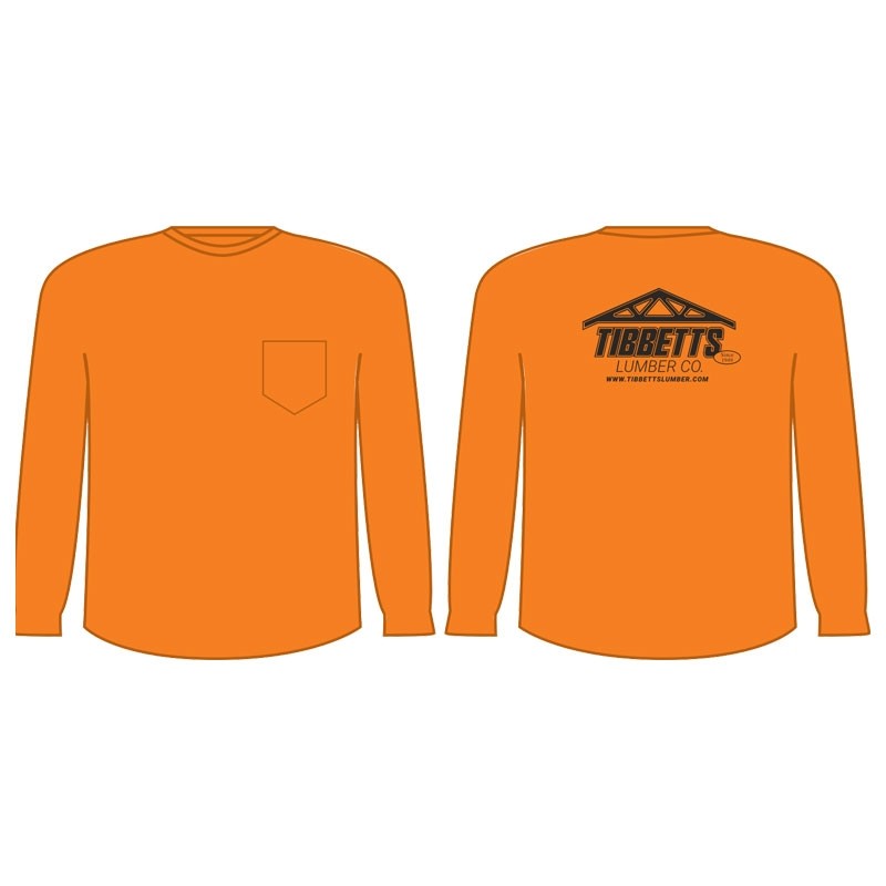 L NON-ANSI CREW NECK L/S T-SHIRT 1 POCKET, HI-VIS ORANGE W/ TIBBETTS LUMBER CO LOGO 1C 1L
