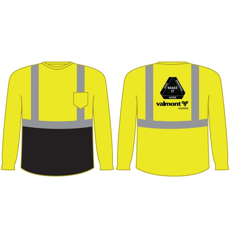 4-XL  CLS 2 HI-VIS YEL L/S SHIRT -  BLACK BOTTOM  W/ VALMONT LOGO (2C - 1L)