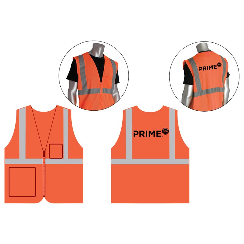 MED  CLS 2 SAFETY VEST - HI-VIS ORANGE MESH ECONOMY W/ZIPPER CLOSURE W/ PRIME360 LOGO(1C - 1L)