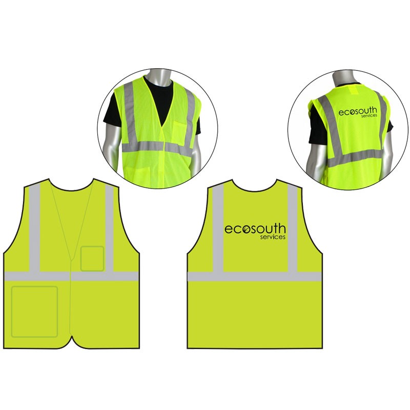 2-XL  CLS 2 SAFETY VEST HI-VIS YEL W/ ECONOMY H&L CLOSURE  W/ ECOSOUTH LOGO 1C -1L