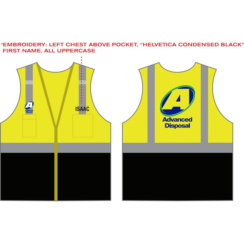 MED CLS 2 LY BLACK BOTTOM MESH VEST W/ ZIPPER CLOSURE   W/ ADVANCED DISPOSAL LOGO 7C - 3L (fRONT AND BACK AD LOGO + NAME)