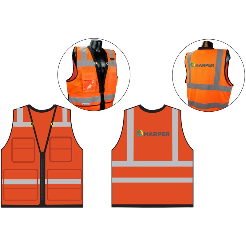 XL  CLASS 2 ORANGE SURVEYOR SAFETY VEST  W/ ZIPPER CLOSURE  W/ HARPER LIMBACH LOGO (4C - 1L)