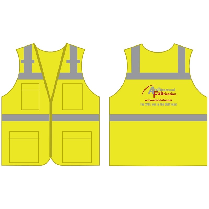 4XL CLASS 2, SURVEYORS VEST W/ZIPPER  CLOSURE, MESH, MIC TABS & POCKETS HI-VIS YELLOW W/ ARCHITECTURAL FABRICATION LOGO 2C 1L