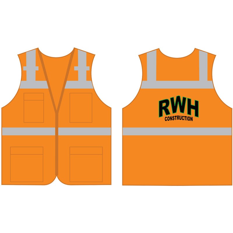 LG  CLASS 2, SURVEYORS VEST W/ZIPPER  CLOSURE, MESH, MIC TABS & POCKETS ORANGE   W/ RWH CONSTRUCTON LOGO (2C - 1L)