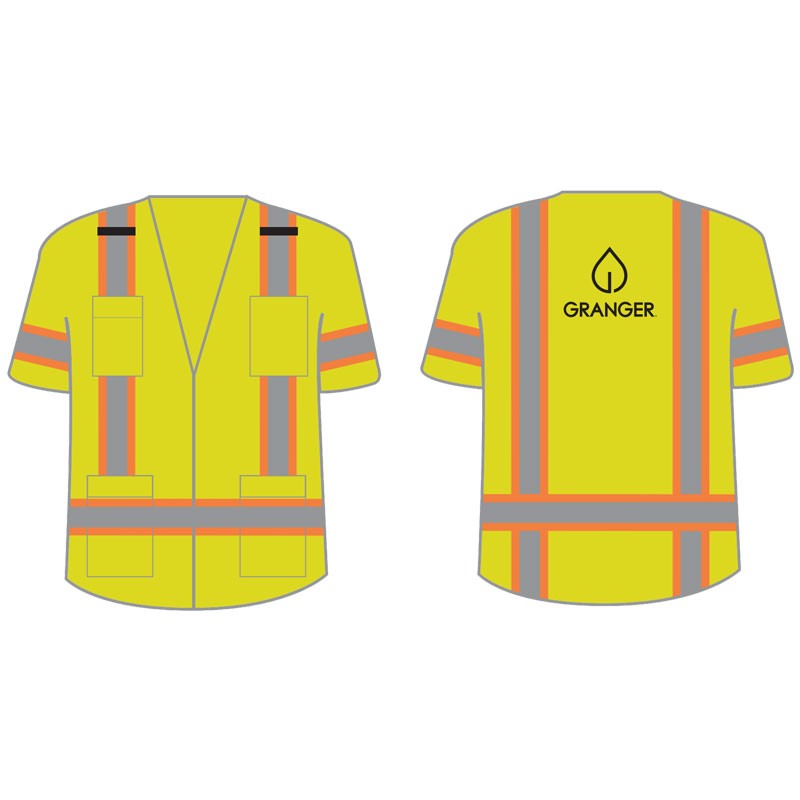 Class 3 Safety Vest, Hi-Vis Yellow, Solid Front/Mesh Back, Two-Tone Striping, Zipper Closure, 11 Pockets, w/ Black Granger Logo, X-Large