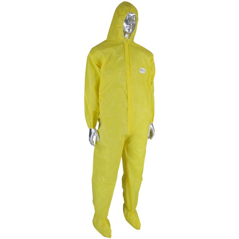 Yellow Chemical Barrier Coveralls with Hood & Boots, Elastic Wrists, Medium