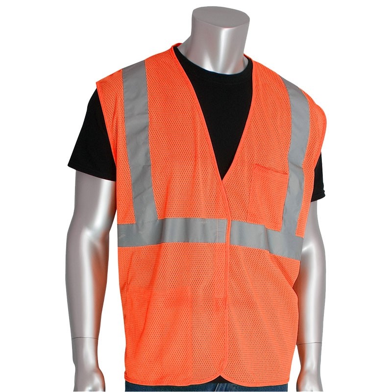 Class 2 Safety Vest, Hi-Vis Orange Mesh, Hook & Loop Closure, 2 Pockets, X-Large