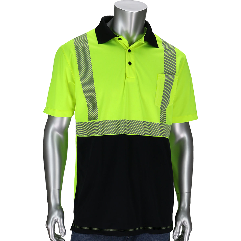 Class 2 Black Bottom Polo Shirt, Short Sleeve, Segmented Striping, Hi-Vis Yellow, X-Large