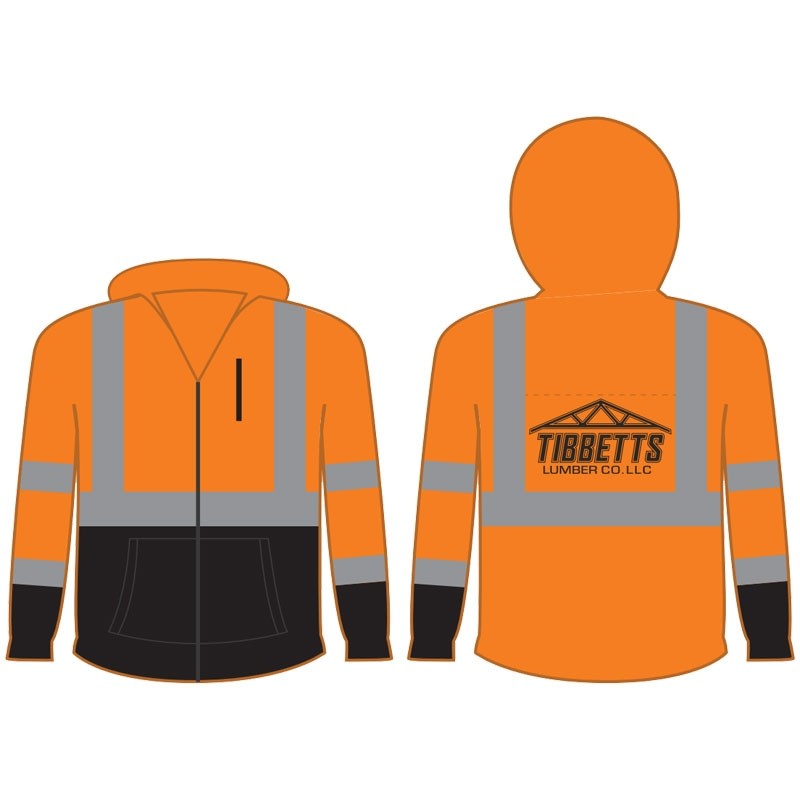 L CLASS 3 BLACK BOTTOM HOODIE  W/ FULL ZIPPER - ORANGE W/ TIBBETTS LUMBER COMPANY LOGO 1C 1L