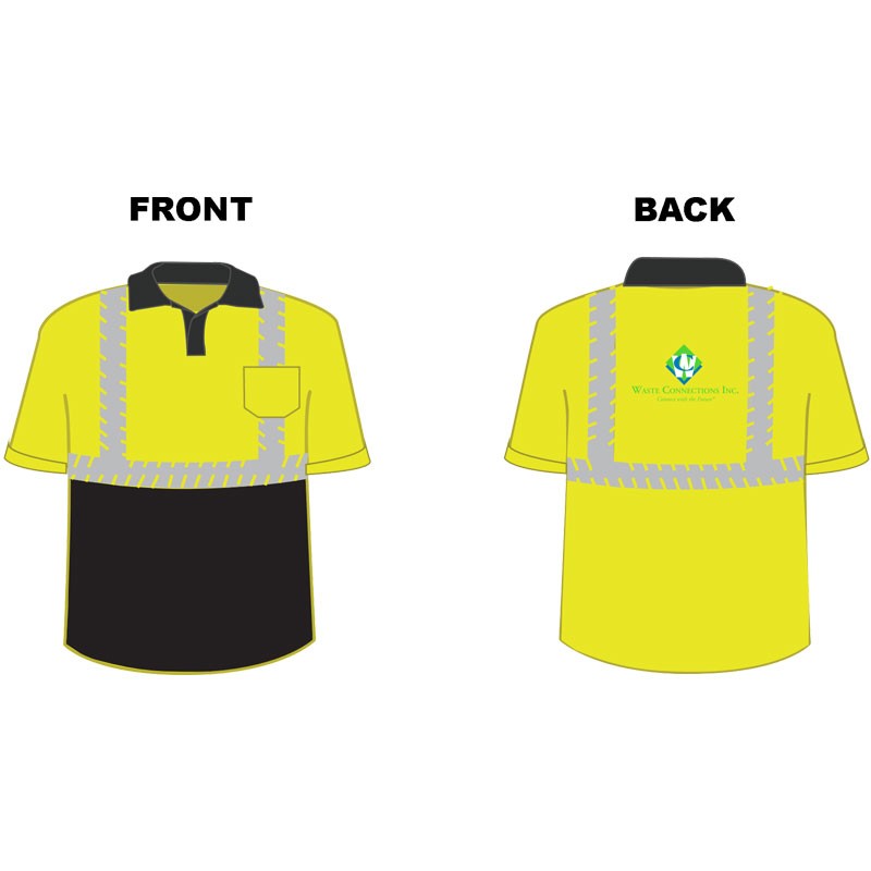 XL CLS-2 HI-VIS YEL POLO W/ BLACK BOTTOM & CHAINSAW STRIPING  W/ WASTE CONNECTIONS LOGO 3C - 1L