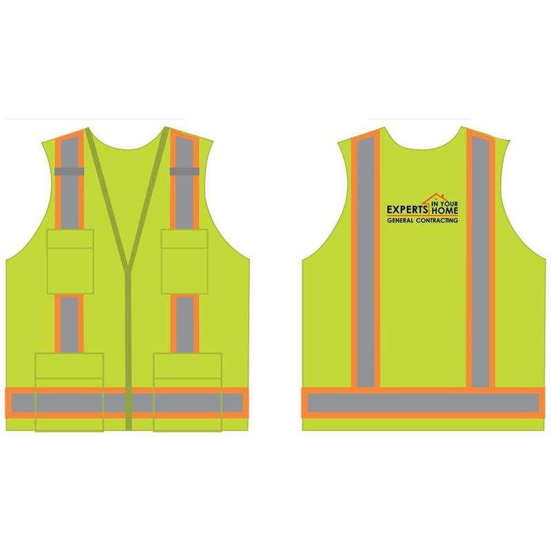 4XL CLS-2 LY 11 POCKET MESH SURVEYOR VEST W/ EXPERTS IN YOUR HOME GENERAL CONTRACTING LOGO 2C 1L