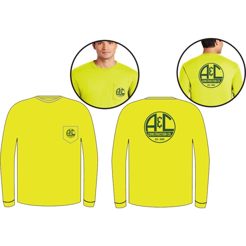 XL COTTON L/S T-SHIRT W/POCKET - SAFETY GREEN  W/ A&C CONSTRUCTION LOGO 1C -2L