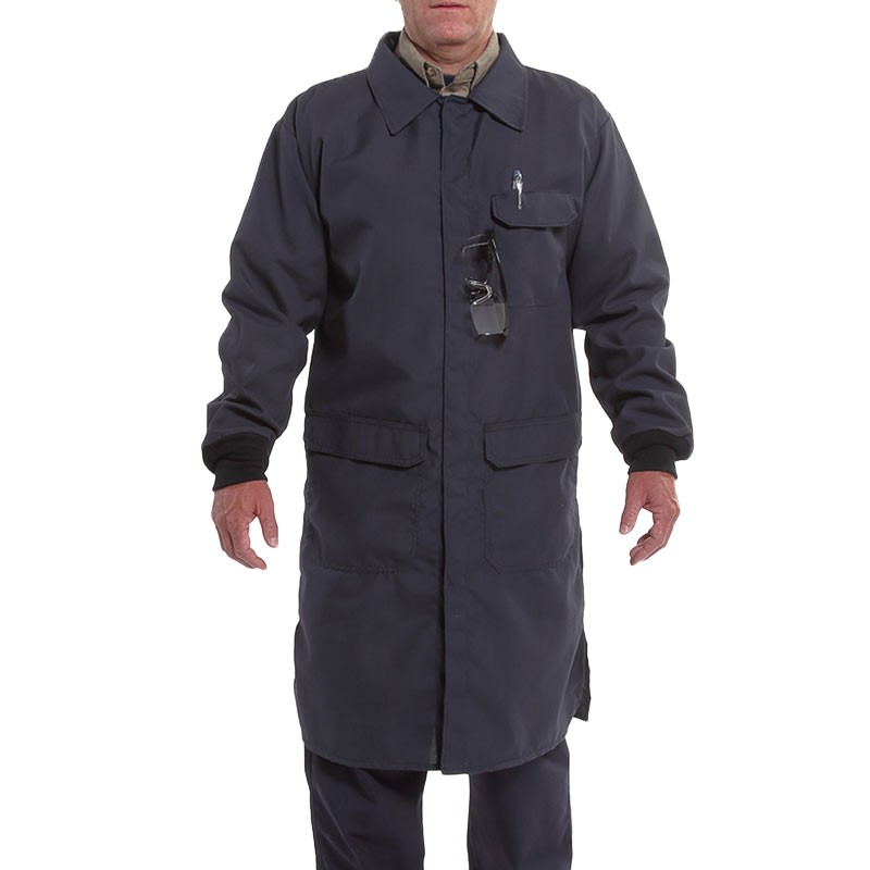 Chemical & Flame Resistant Lab Coat, 3 Pockets, Snap Closure, Navy Blue, Small