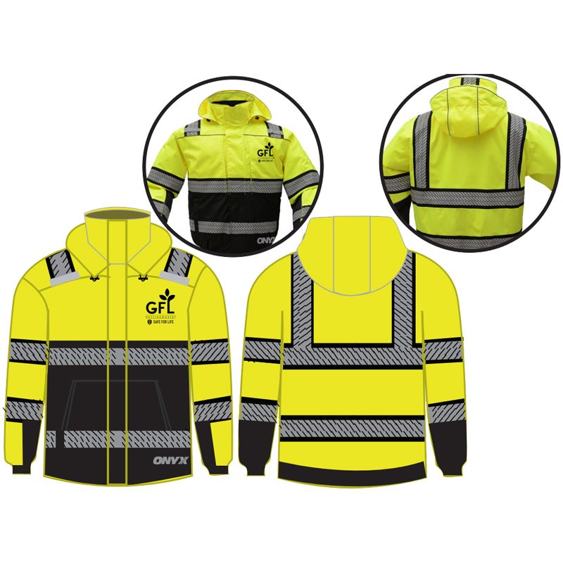 2X CLS 3 HI-VIS YEL BOMBER BLACK BOTTOM W/ SEGMENT REFLECTIVE TAPE  W/ GFL LOGO 1C-1L (HEAT PRESS LEFT CHESS)
