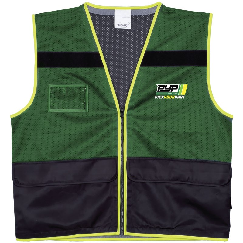 Non Ansi Mesh Vest, Velcro Strips Across Top For Recognition Patches, ID Pocket, Two Large Outer Pockets, Zipper Closure, Green w/ Black Bottom & Back, Printed w/ PYP Logo & USA Flag, Large