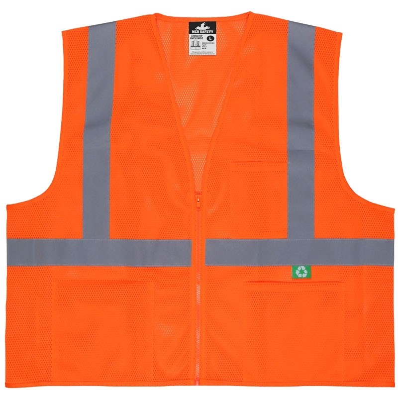 Class 2 Recycled Safety Vest, Hi-Vis Orange Mesh, Zipper Closure, 3 Pockets, Medium