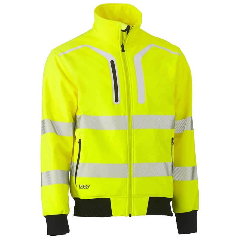 Premium Men's Class 3 Soft Shell Bomber Jacket w/ Segmented Striping, Hi-Vis Yellow, Medium