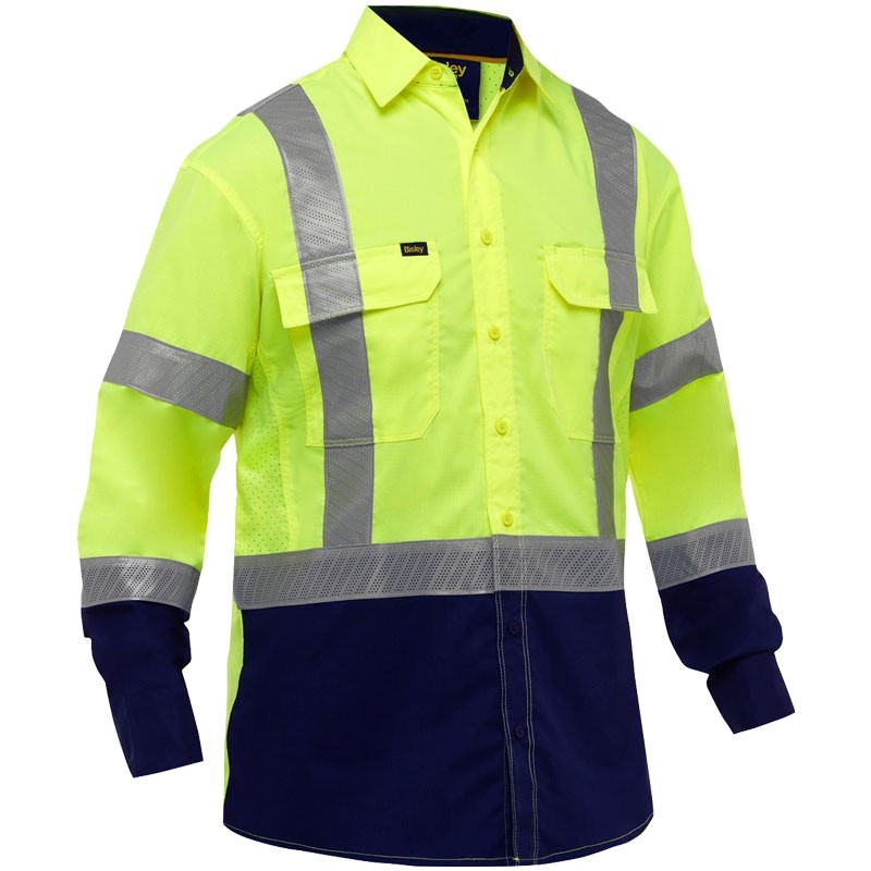 Bisley® Class 3 Navy Bottom Long Sleeve Work Shirt w/ Vented Back, Stretch Reflective Tape, Large