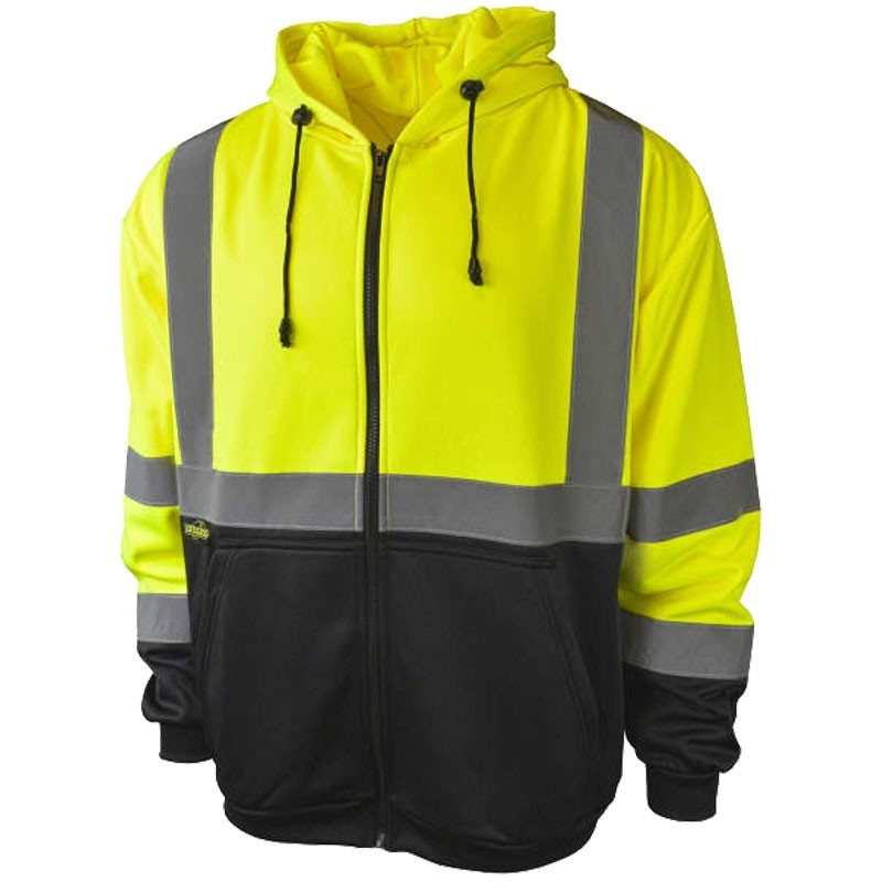 Class 3 Black Botm Hooded Sweatshirt, Full Zip, Hi-Vis Yellow, Medium