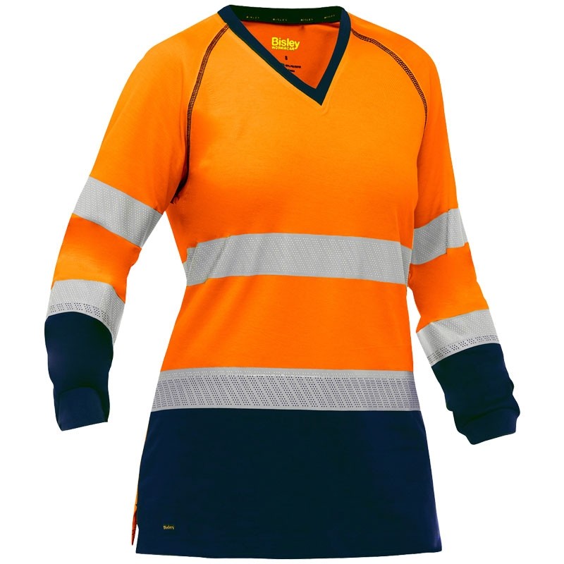 Bisley® Women's Class 3 Cotton Lined Polyester Long Sleeve T-Shirt, Hi-Vis Orange w/ Navy Bottom, 2-XL