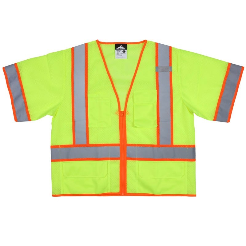 Class 3 Safety Vest, Hi-Vis Yellow, Mesh, Two-Tone Stripes, Zipper Closure, 4 Outer Pockets, 2 Internal Pockets, 2-XL