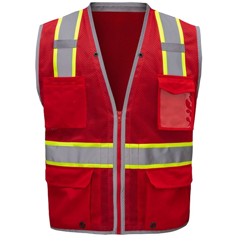 Red Non-ANSI Rated Safety Vest, Zipper Closure, 6-Pockets, 4-XL/5-XL