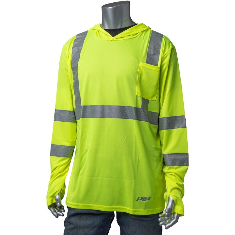 Class 3 Long Sleeve Hooded T-Shirt, Quick-Dry Polyester, Stretch Reflective Tape, 3-XL