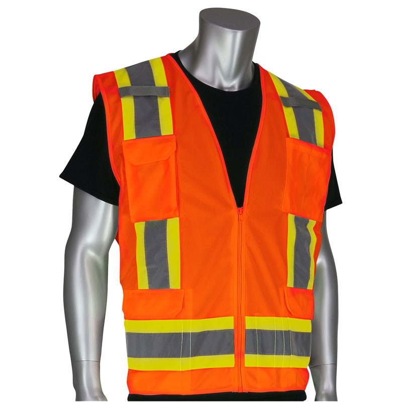 Class 2 Surveyors Safety Vest, Solid Material Front & Back, Two-Tone Striping, Zipper Closure, 11 Pockets, Hi-Vis Orange, X-Large