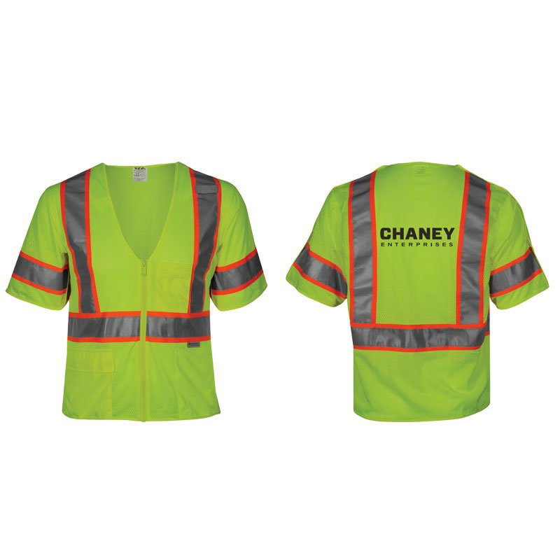 L CLS-3 HI-VIS YEL TWO TONE MESH BREAKAWAY VEST W/CHANEY ENTERPRISE LOGO 1C 1L