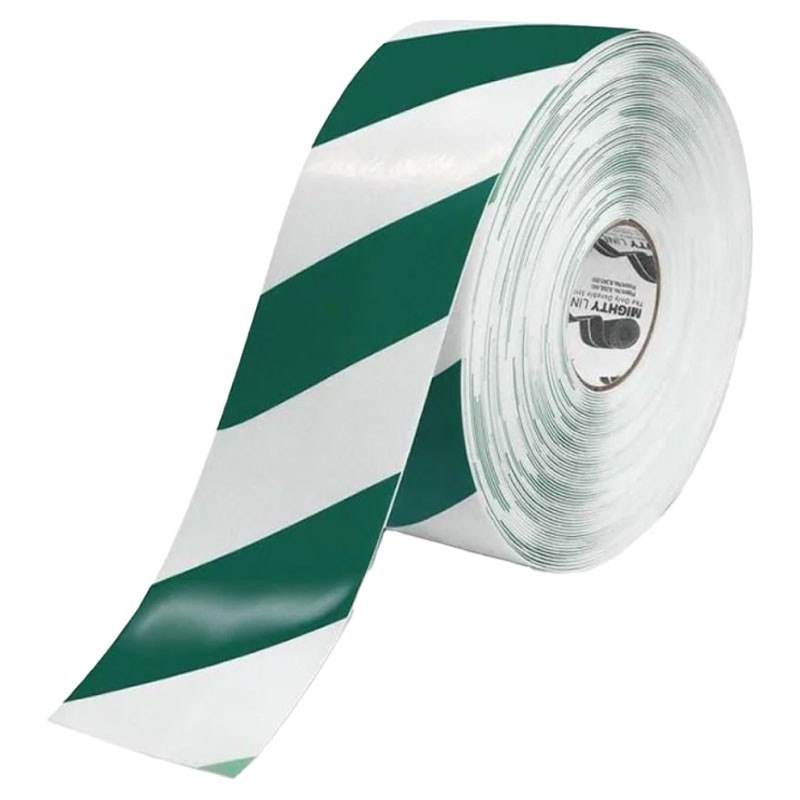 Mighty Line® Floor Hazard Marking Tape, Green & White Diagonal Stripe, 4" x 100' Roll